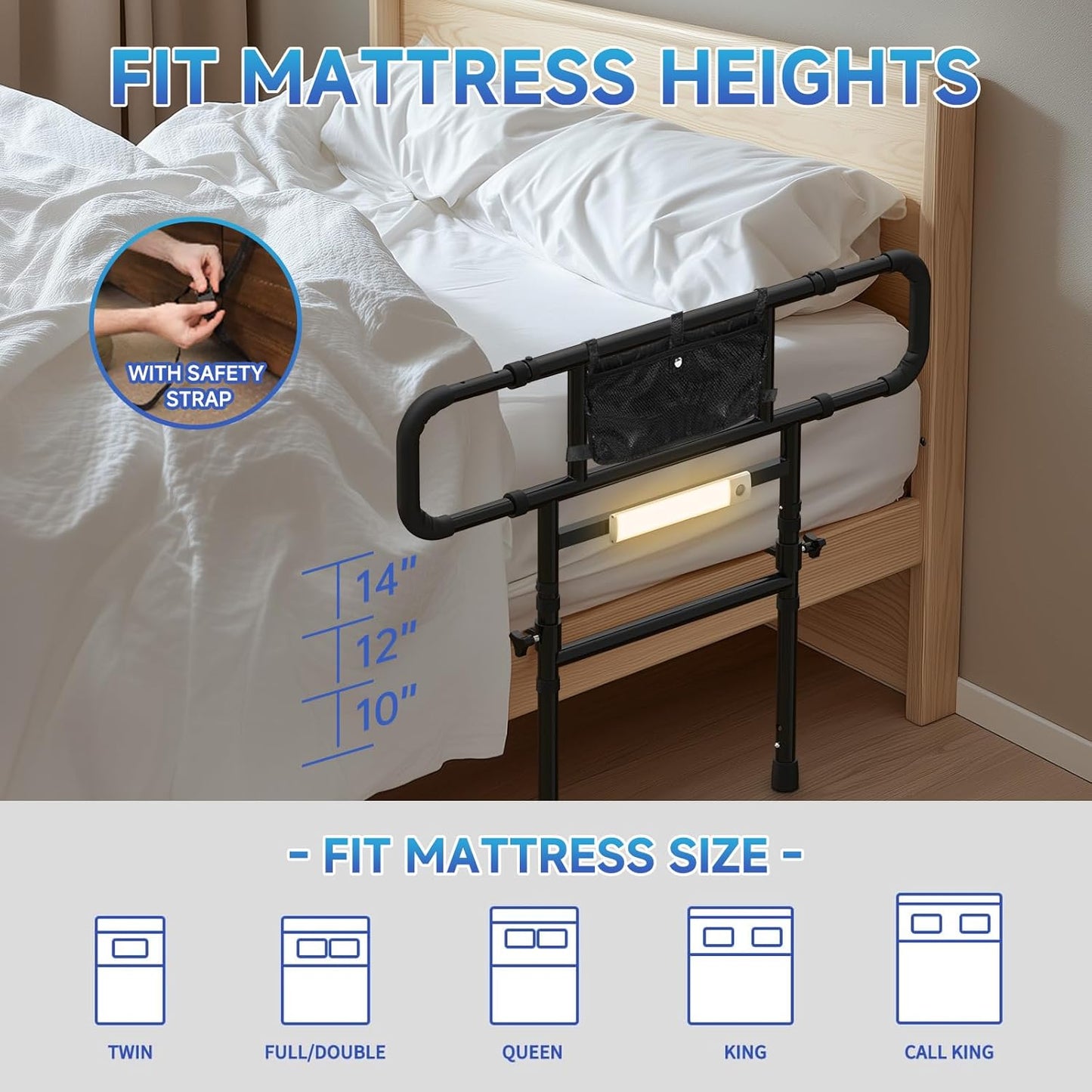 Bed Rails for Elderly Adults Safety-Adjustable Heights&Extendable Bed Side Rail with Leg,Storage Pocket,Motion Sensor Light,Foldable Bed Assist Grab