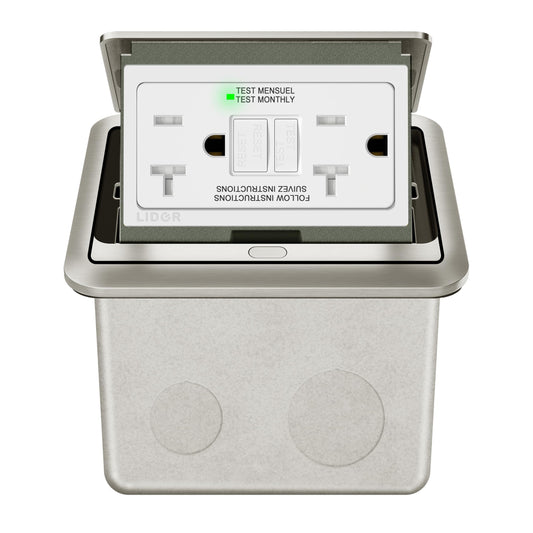 LIDER Soft Pop-Up Floor Box Kit, 20A GFCI Tamper-Resistant Receptacle, Trip Level 5mA; Galvanized Steel Enclosure, ETL-Listed, Stainless Steel