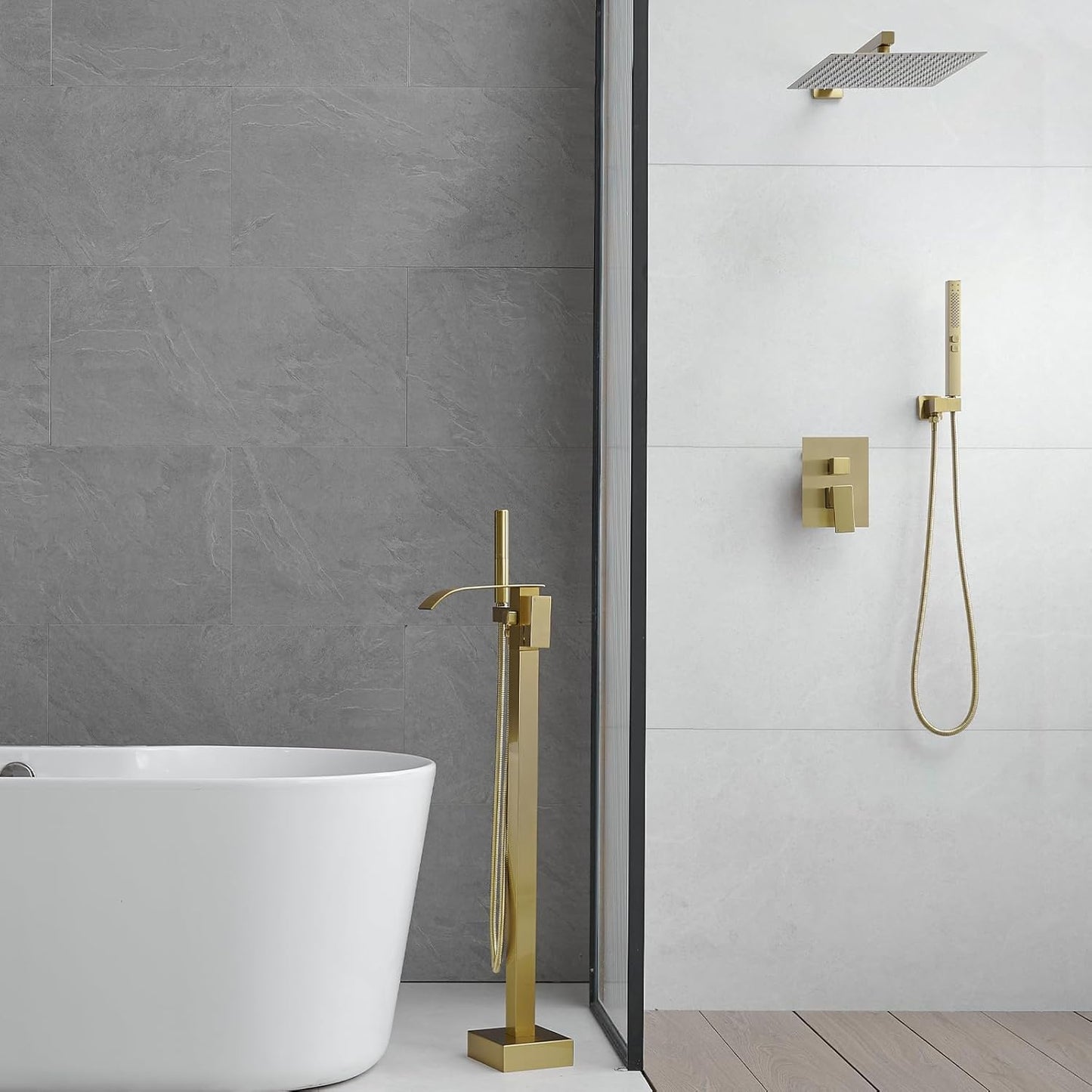 Tub Filler Freestanding Bathtub Faucet Brushed Gold Floor Mount Tub Faucet Waterfall Bathtub Filler with CUPC Certified High Flow Brass Bath Shower Fa