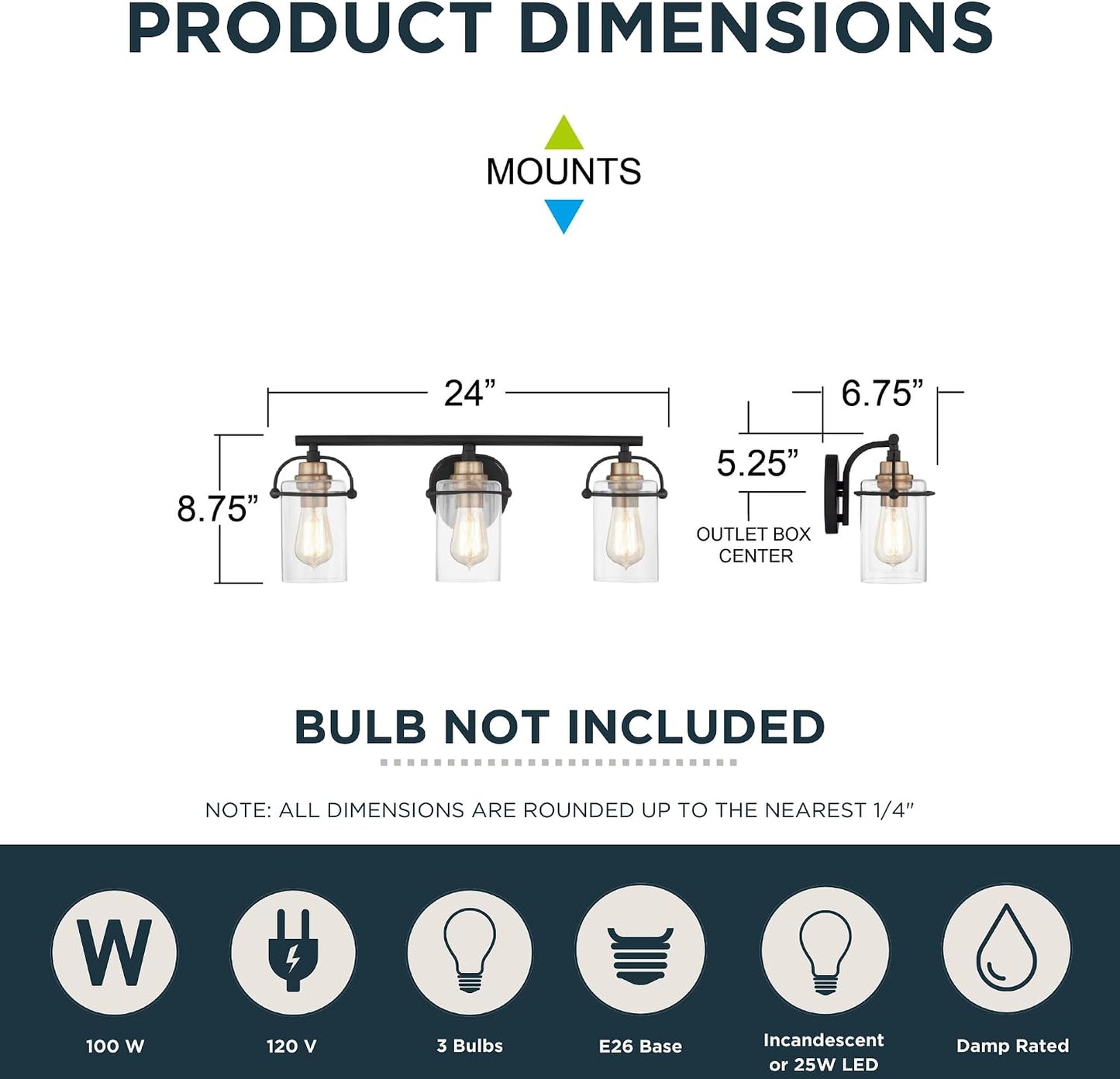 Quoizel Emerson 24" 3-Light Matte Black Vanity Light, Bathroom Lighting Fixture with Clear Glass Shades, Transitional Wall Mount for Over Mirror Matte Black 3-Light