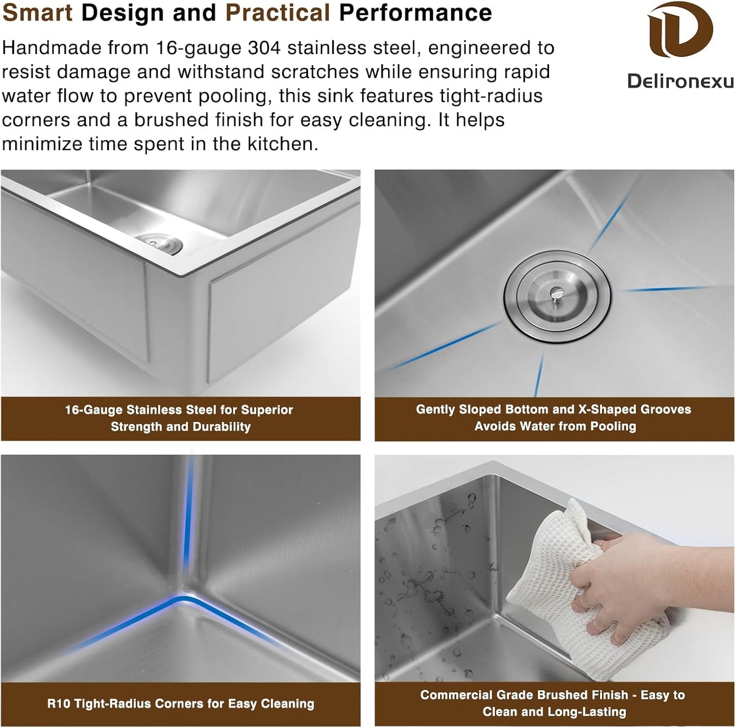 32-Inch Undermount Kitchen Sink - Delironexu Handmade 16 Gauge Stainless Steel Deep Single Bowl Sink with Brushed Finish