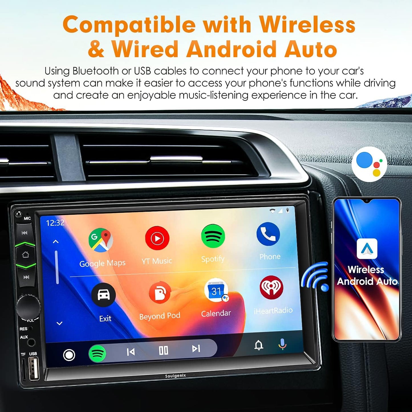 Soulgenix Double Din Car Stereo Wireless Apple CarPlay&Android Auto, 7-Inch FHD Touchscreen Car Radio with Bluetooth, Mirror Link, FM/USB/AUX/TF