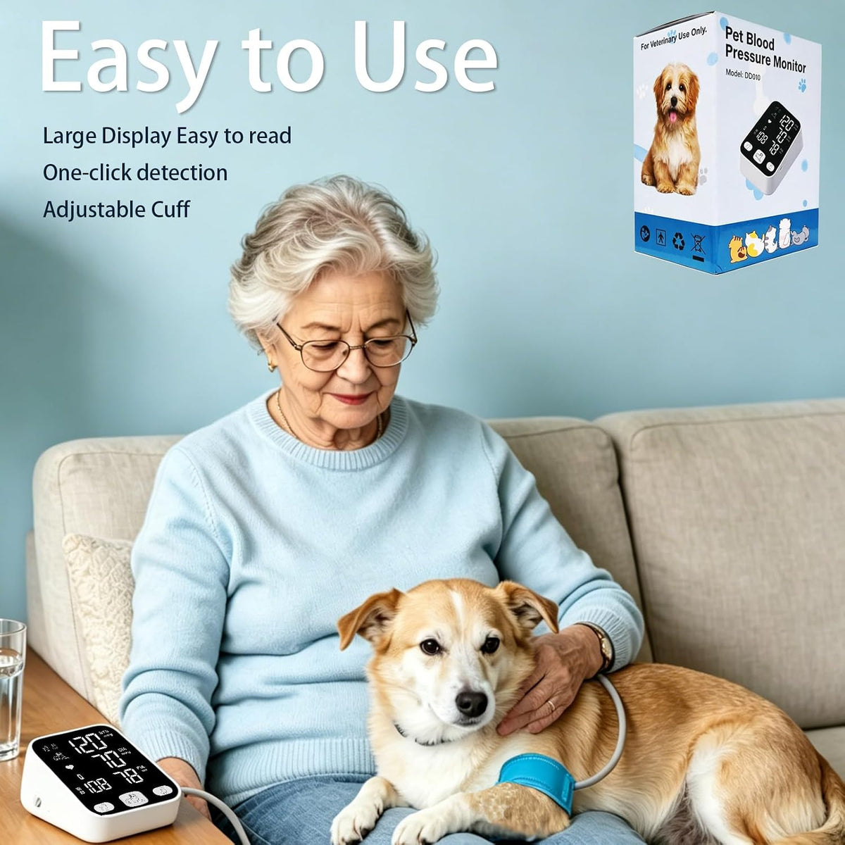 Dog Blood Pressure Monitor for Pet/Dog/Cat, Animal Automatic Digital BP Machine with Large LCD Screen Backlight 3 Cuffs 270 Data Memory Silent Black-2025pro