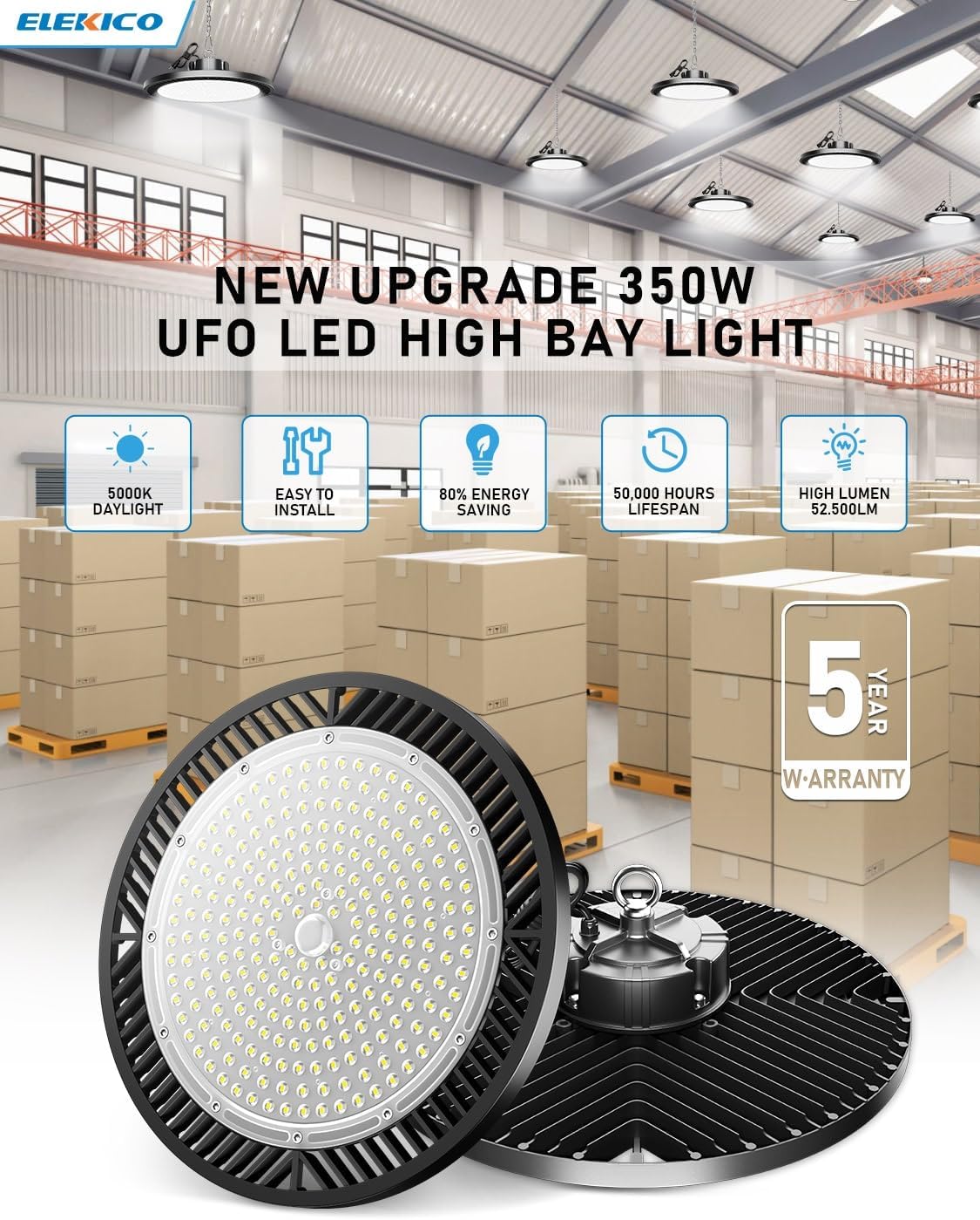 ELEKICO UFO Led High Bay Light, Upgrade Super Bright 350w 52500lm 5000k High Bay Led Shop Lights with Us Plug 5&#39; Cable, Led Shop Lights for