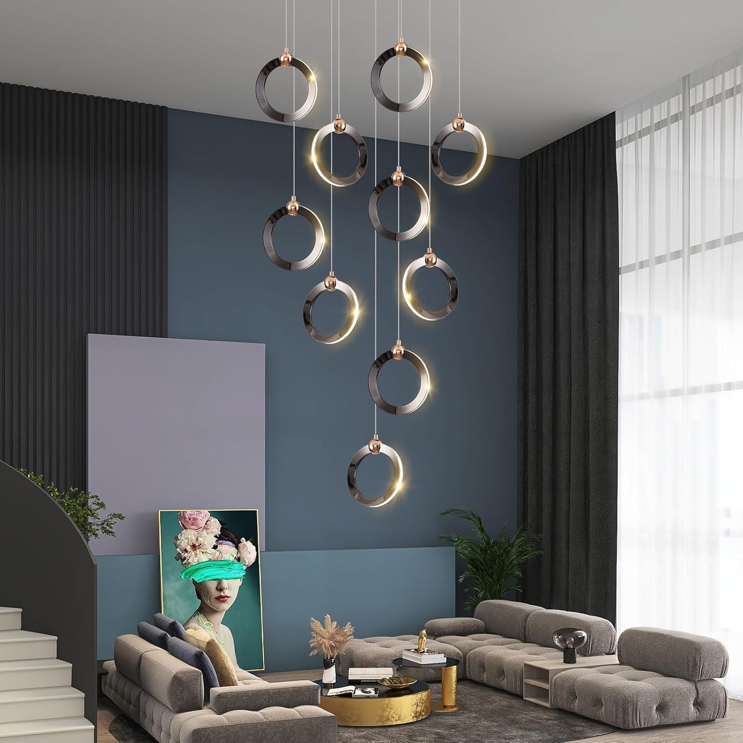 Modern Chandelier Dimmable 10 Rings Electroplating Process with Remote Control, Height Adjustable Creative Acrylic Lampshade Elegant Artistic Home