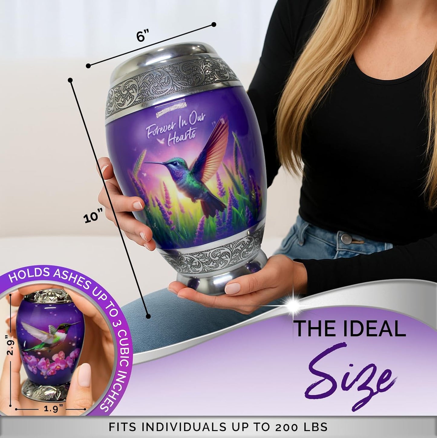 Small Urns for Human Ashes Adult Female Set of 6 - Hummingbird Urns for Ashes for Women - Purple Mini Urns for Sharing Ashes - Honor Loved Ones with Love and Grace