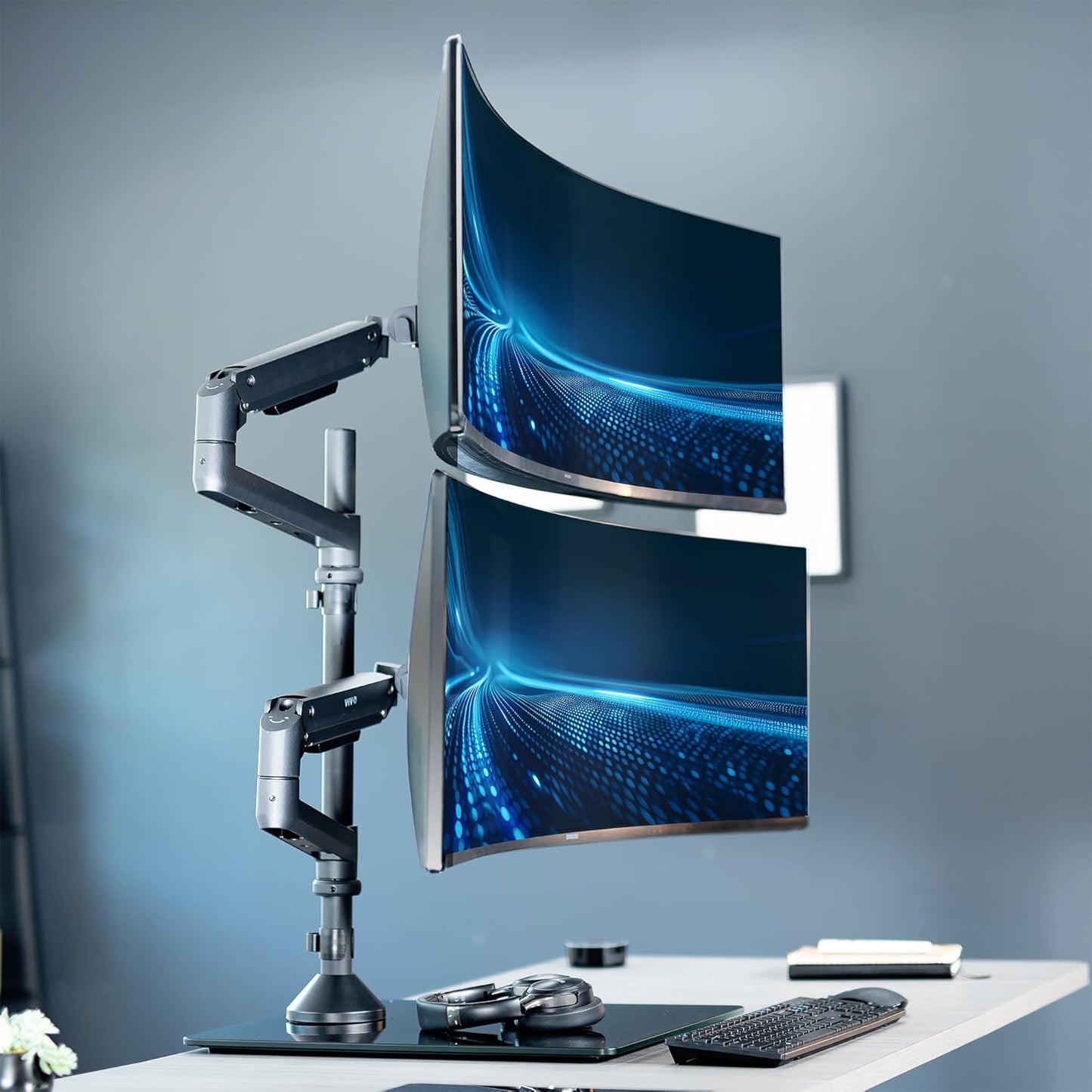 VIVO Pneumatic Arm Dual Ultrawide Monitor Desk Stand for Up to 49 inch Screens with Tempered Glass Base, Holds 2 Ultra Wides Up to 30.8 lbs, Black,