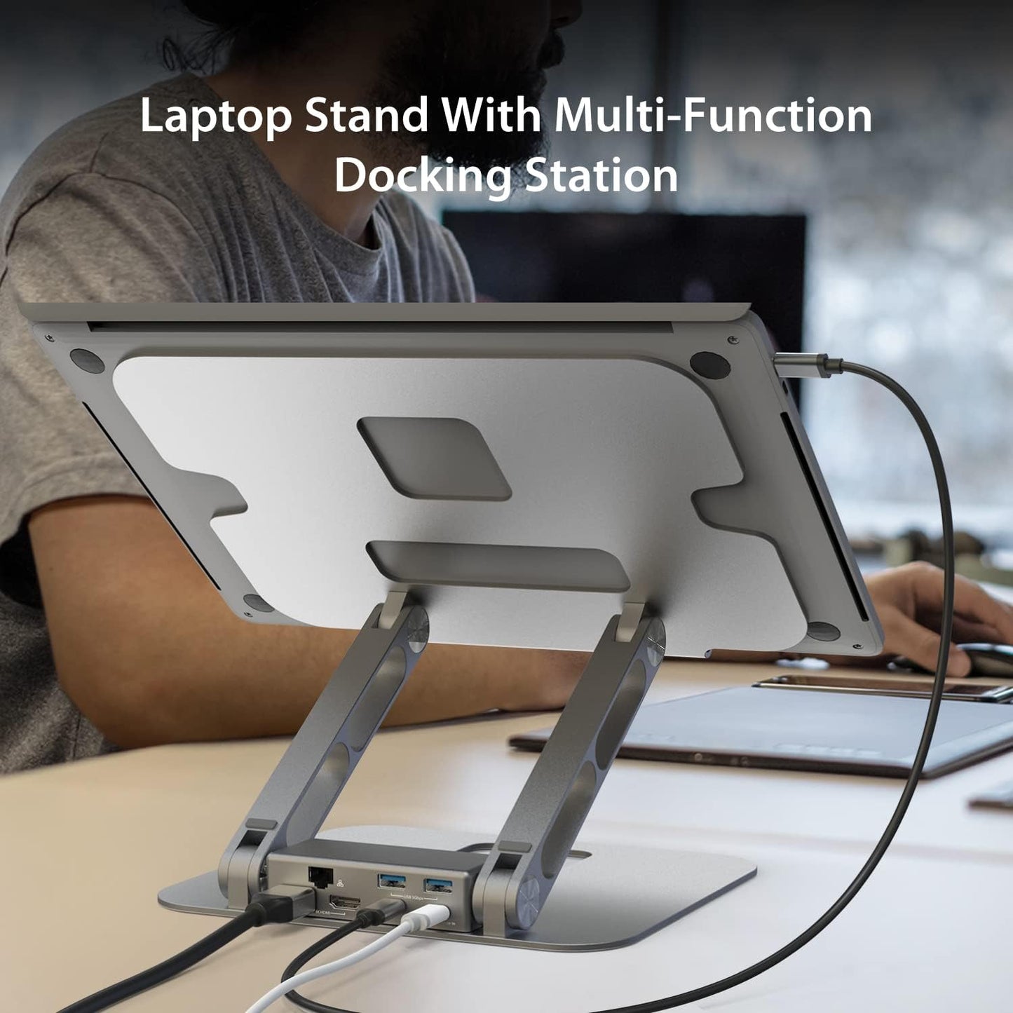 j5create Laptop Stand with USB C Dual HDMI Display Hub - 2 USB A 5Gbps, PD 100W with USB-C 5Gbps, Ethernet | Aluminum Computer Riser for MacBook and