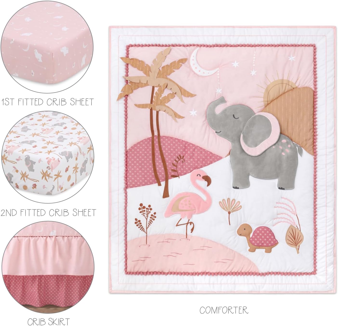 The Peanutshell Safari Crib Bedding Set for Girls, 4pc Organic Cotton Crib Comforter Set, Jungle Elephant Nursery Decor, Pink, Grey, White, Tan