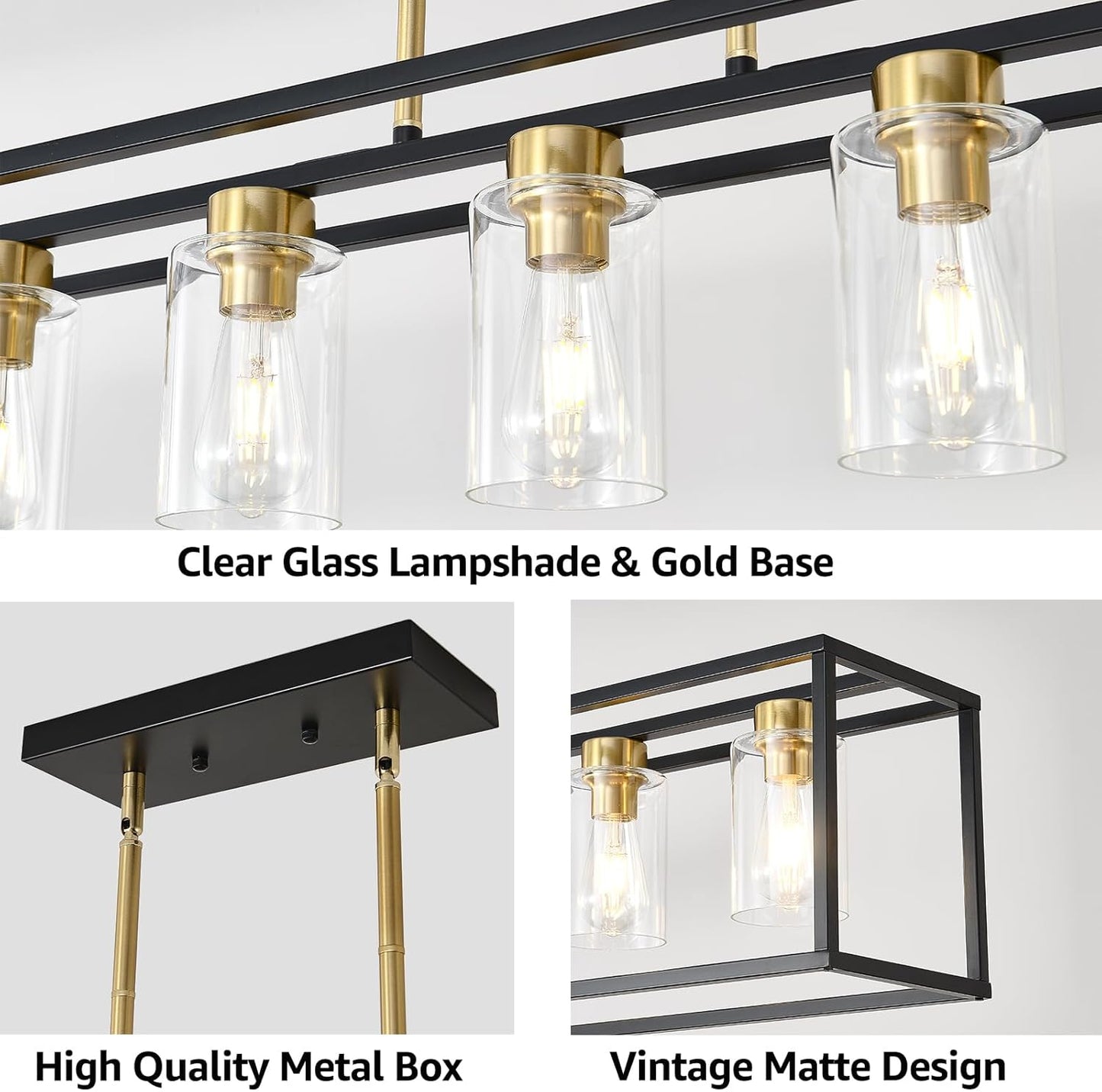 FOVICY 5-Light E26 Kitchen Island Lighting, Farmhouse Dining Room Chandelier with Clear Glass Shades, Rectangle Black and G