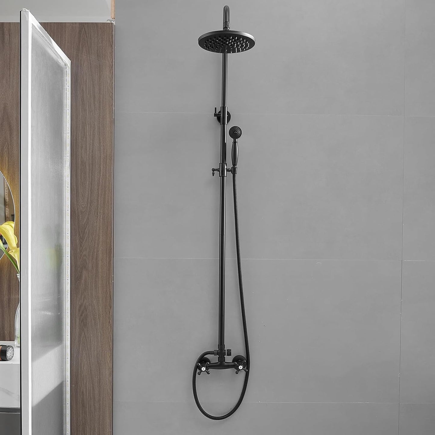 Black Outdoor Shower Feature, Exposed Pipe Shower System Rainfall Outside Shower Set High Pressure SUS304, Wall Mount (Black)