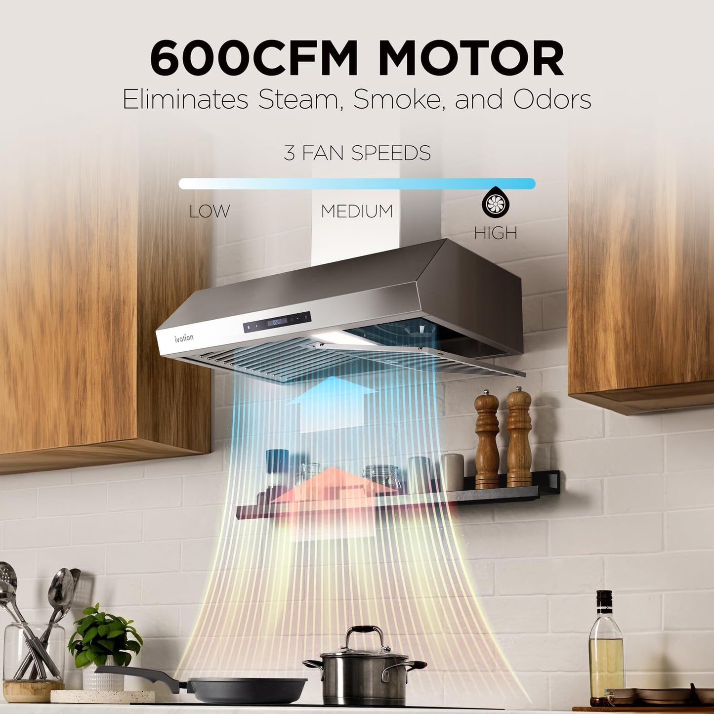 30' Under Cabinet Range Hood - 600 CFM - 3-Way Venting - Built-In LED Light & Clock - Auto-Off Fan Timer - Dishwas