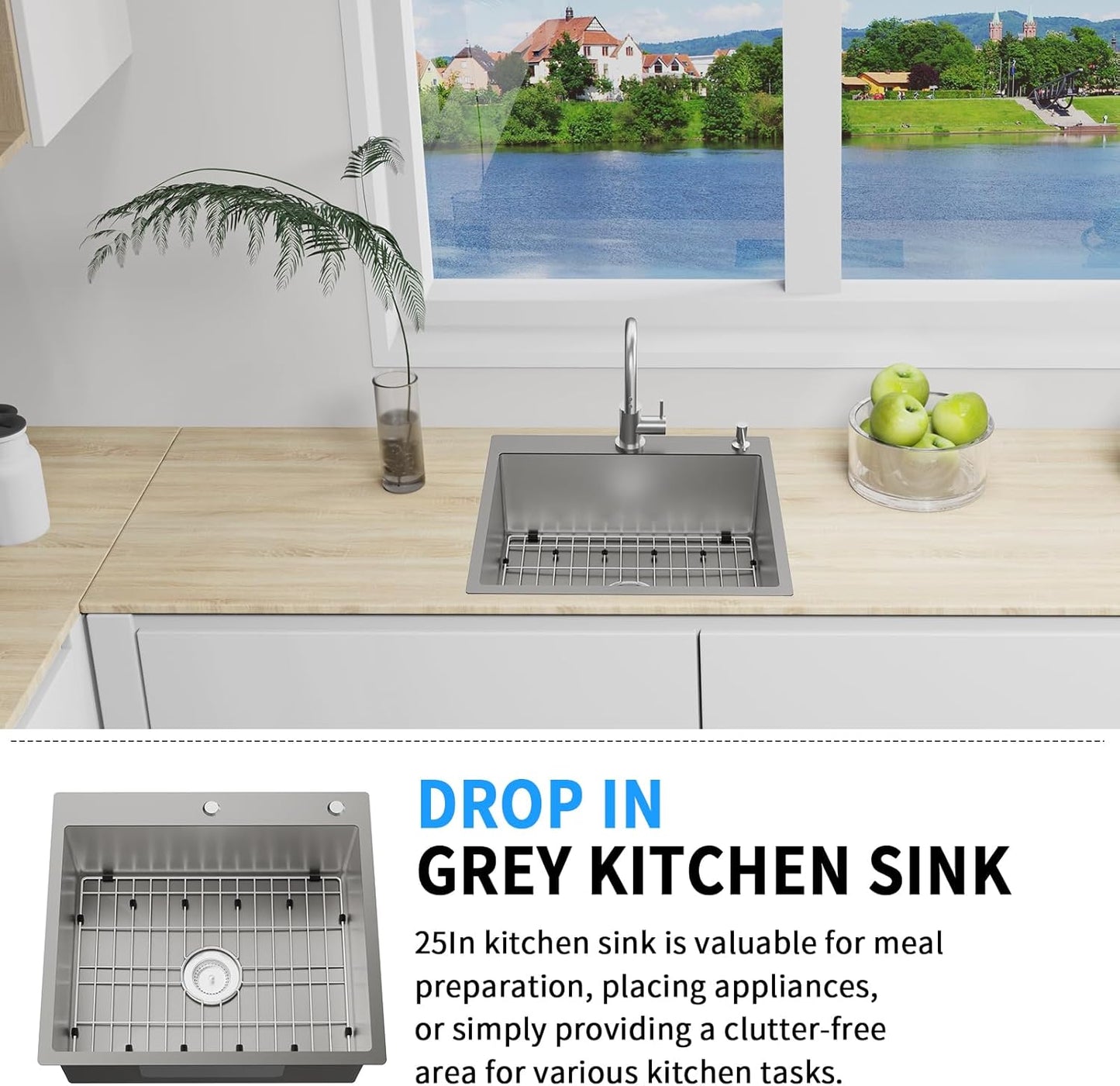 Grey Kitchen Sink,25x22 Inch Kitchen Sink Stainless Steel Drop In Kitchen Sink Topmount Stylish and Modern Look Sink With Bottom Grid,Silicon Mat And