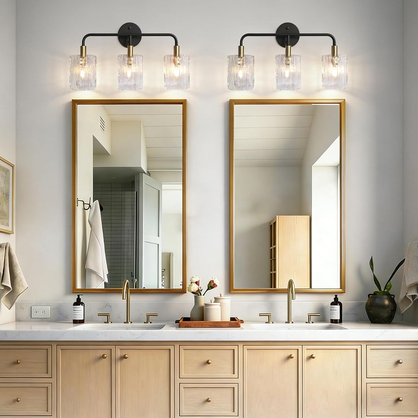 3-Light Glass Bathroom Vanity Lights Over Mirror, Black and Gold Bathroom Light Fixture with Clear Glass Shade, Modern Bathroom Wall Sconce Lighting for Mirror, Living Room (E12)