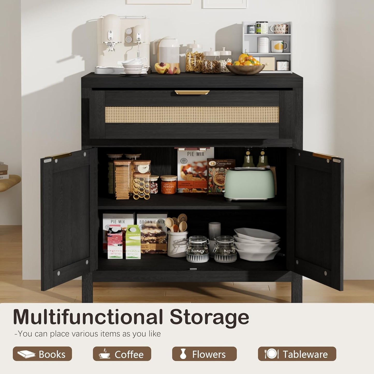 Farmhouse Buffet Cabinet with Storage, Sideboard Cabinet with Rattan Door, Kitchen Buffet Storage Cabinet with Adjustable Shelves, Sideboard with