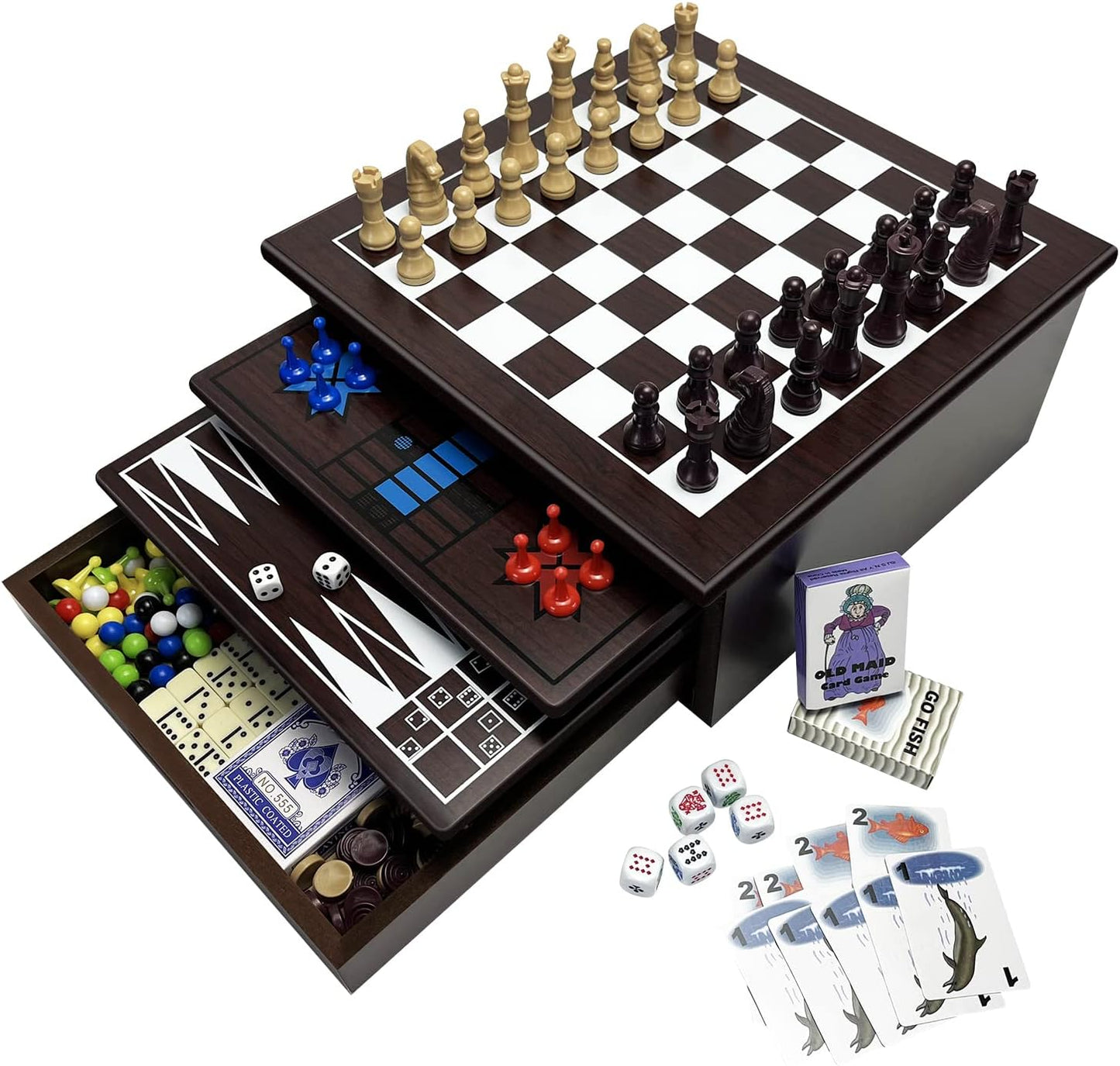 Board Game Set, Wooden15 in 1 Tabletop Game Center with Storage Drawer for Family Night Gift (Checkers, Chess, Parcheesi, TicTacToe, Snakes and