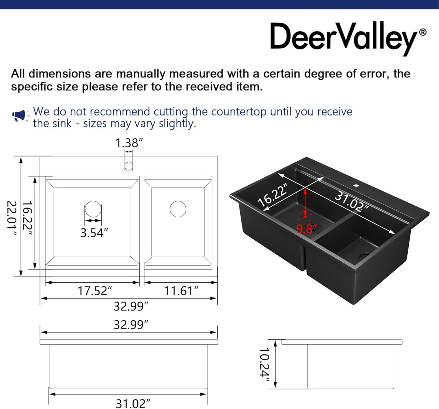 DeerValley Granite Composite Drop In Kitchen Sink - 33 x 22 inch Double Bowl Kitchen Sinks, Large Top Mount Kitchen Sink with Integrated Ledge, Matte