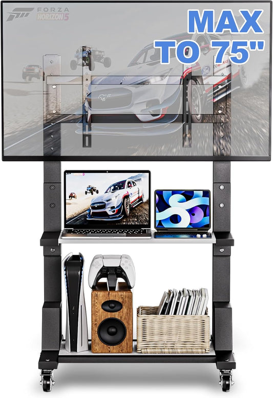 Mobile TV Stand with Storage Shelf, Height Adjustable Rolling TV Cart for 32-75 Inch LCD LED Flat Curved Screens, Portable Wooden TV Stand with