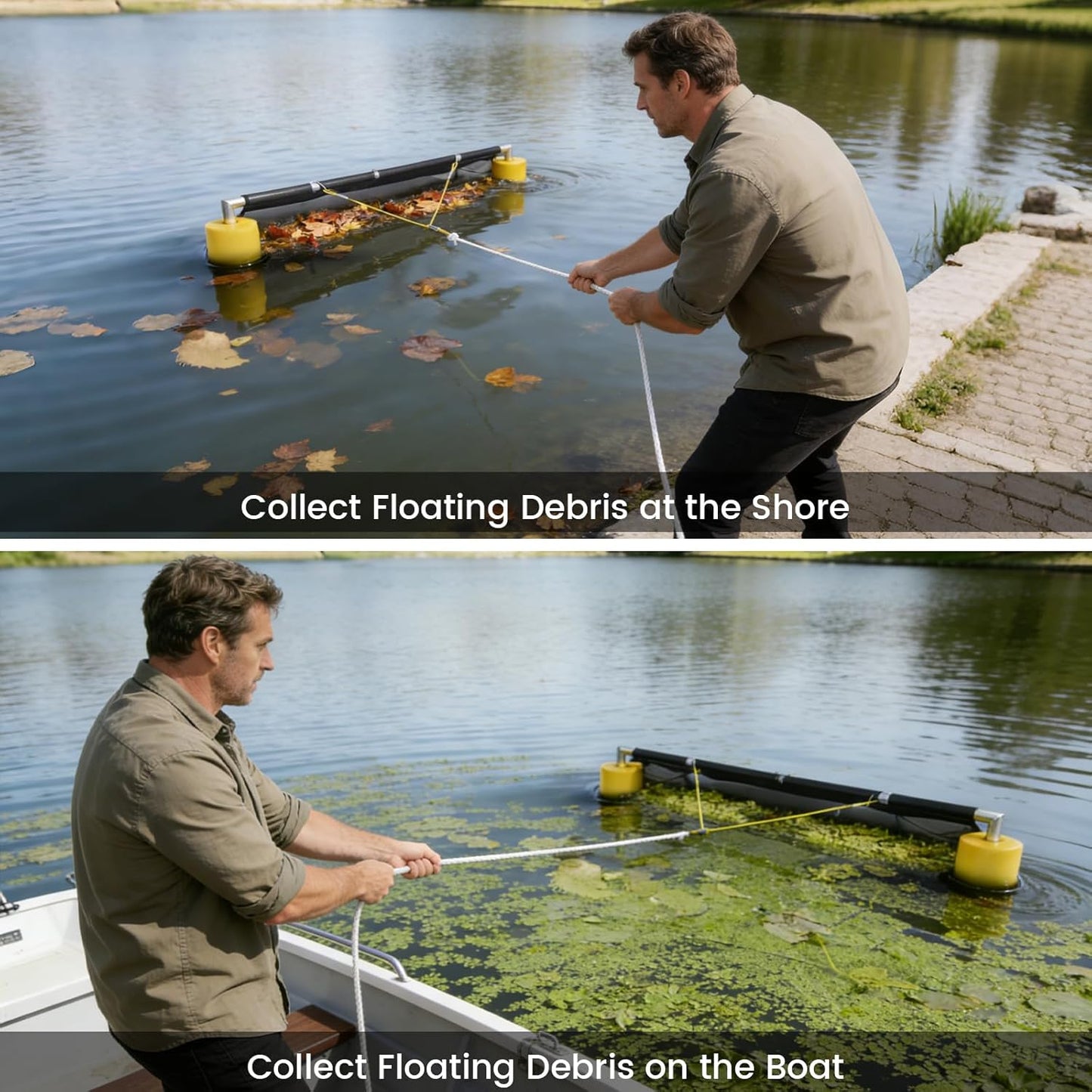 55" Wide Floating Debris Collector for Lakes & Ponds, Extremely Durable Net, Circular Aluminum Tube Design, Multi-Layer Overlock Fabric, 30FT Rope.