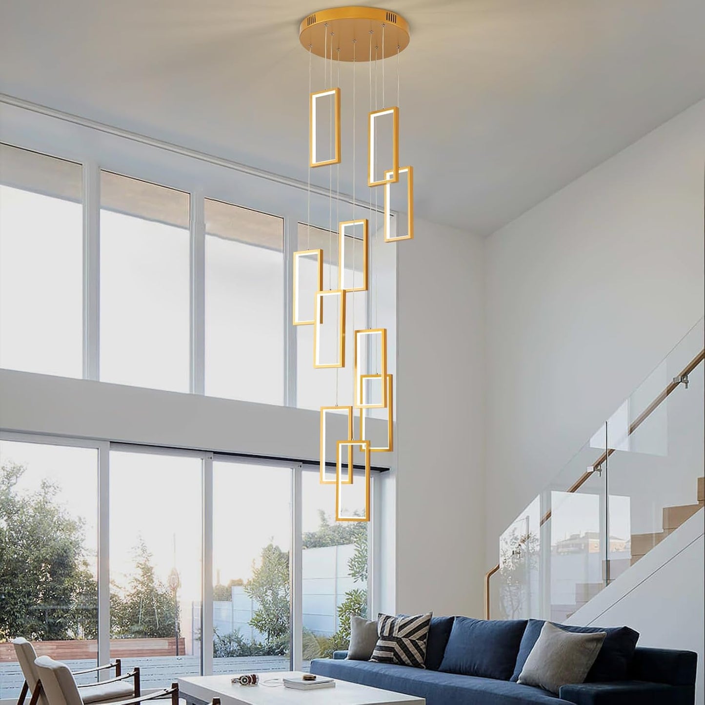 Modern LED Chandelier 10 Rings Rectangle Chandelier Dimmable With Remote Control Gold Pendant Light 120in Adjustable Height Long Staircase