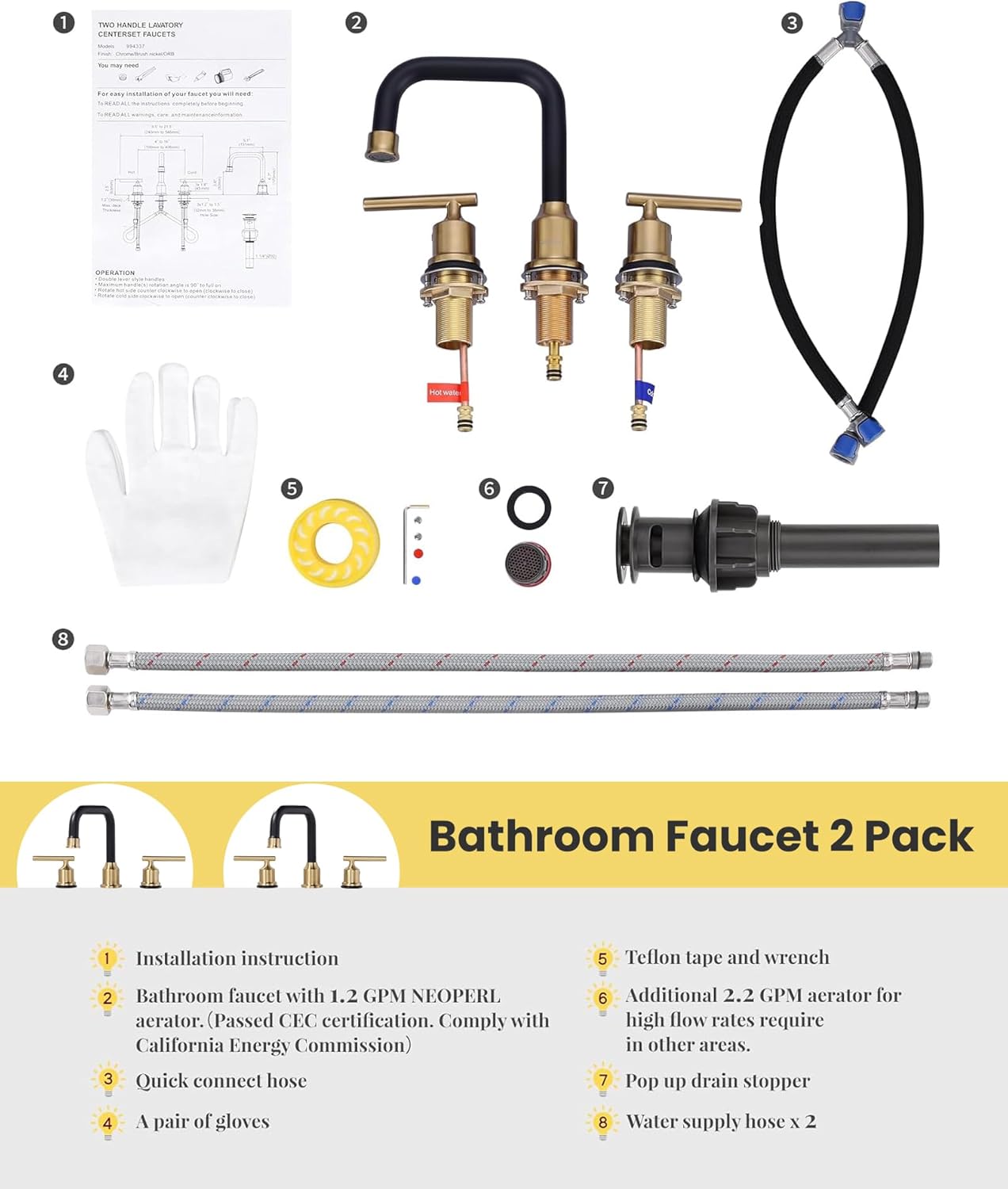 Black and Gold Bathroom Faucet: WOWOW Widespread Bathroom Sink Faucet 3 Hole with Pop-up Drain and Supply Lines, 8 Inch Vanity Faucet 3 Pieces Basin