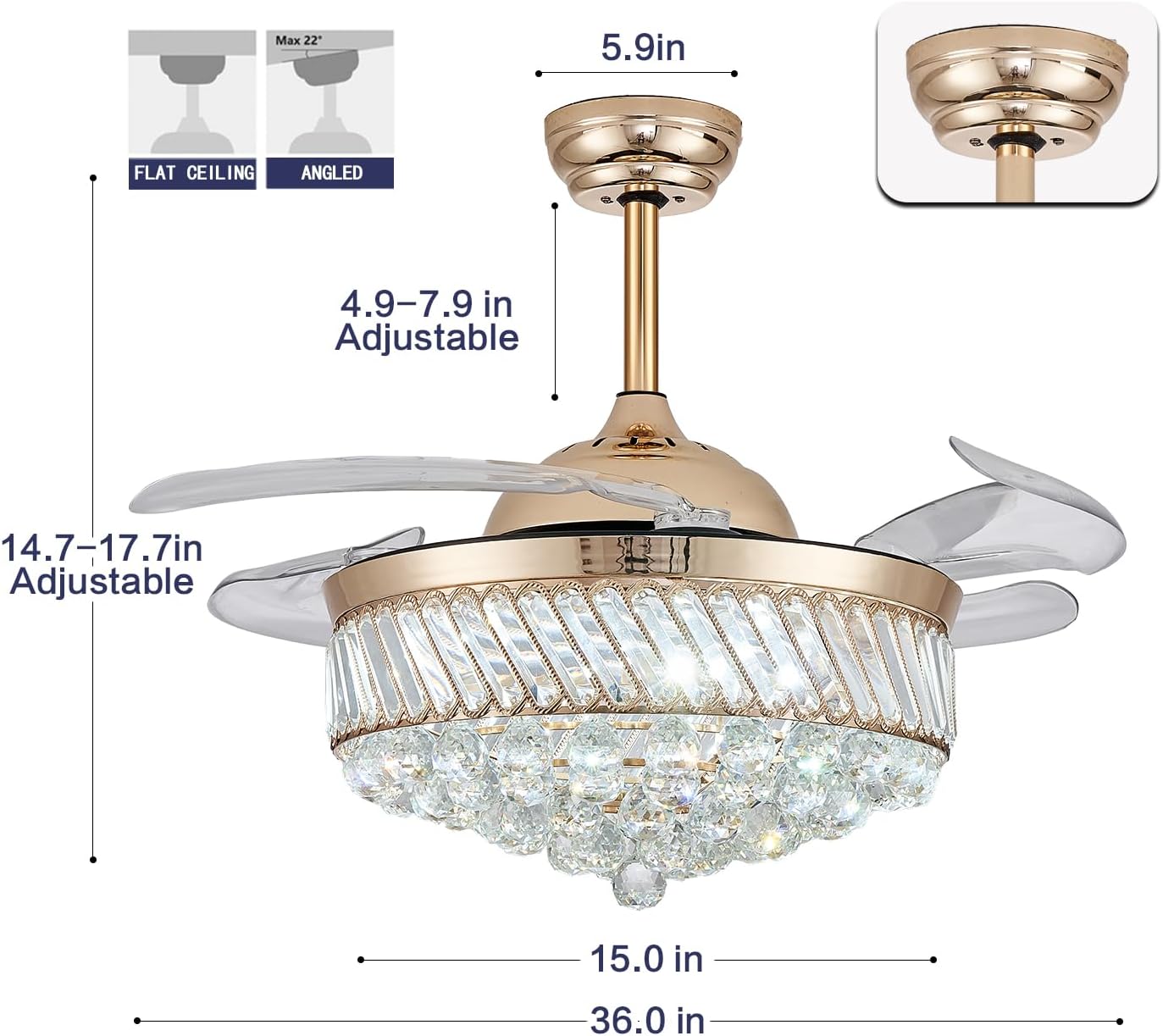 36' Dimmable Gold Fandelier Crystal LED Ceiling Fans with Lights and Remote, Chandeliers Ceiling Fan