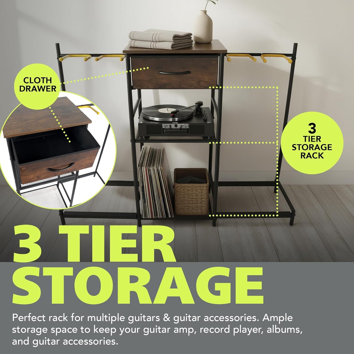 3-Tier Multi Guitar Floor Stand with Amp Stand and Cloth Drawer, Space-Saving Floor Guitar Rack for 4 Acoustic, Electric, or Bass Guitars and Ukeleles