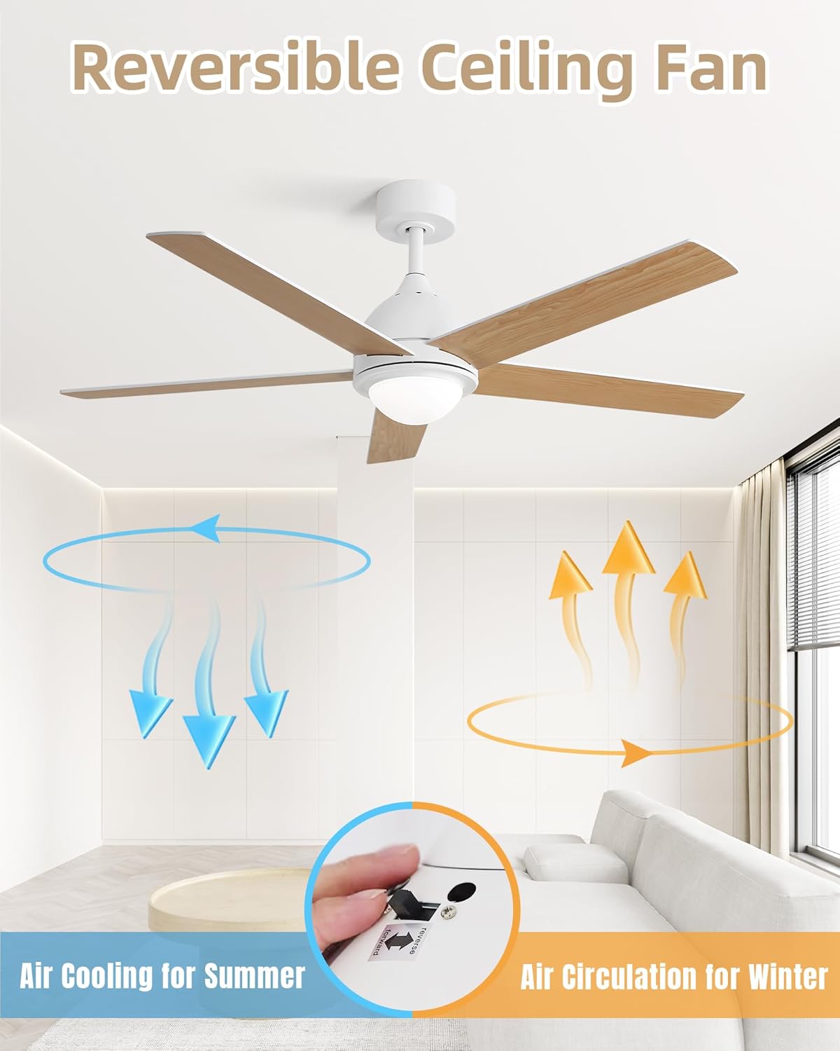 52 Inch Ceiling Fan with Light, Flush Mount Ceiling Fans with Wall Remote, 5 Double-sided Wood Blades, Noiseless AC Motor