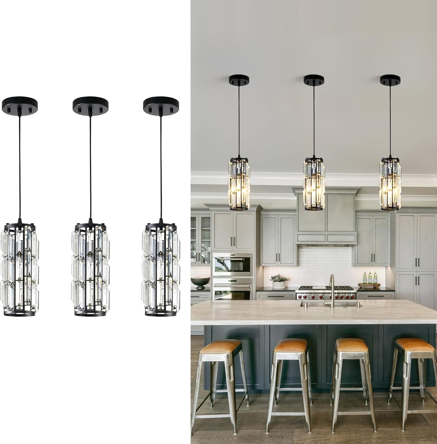 Eiehg Pendant Lights Kitchen Island, Modern Black Pendant Light Fixture, Crystal Mini Pendant Lights for Kitchen Island Dinning Room Bedroom Hallway