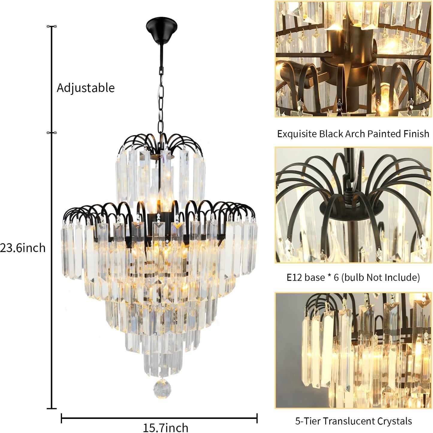 CRYSTOP Black Round Living Room Light Fixture,5-Tiers Pendant Crystal Chandelier, Modern Semi Flush Mount Ceiling Crystal Lamp Perfectly Bedroom,