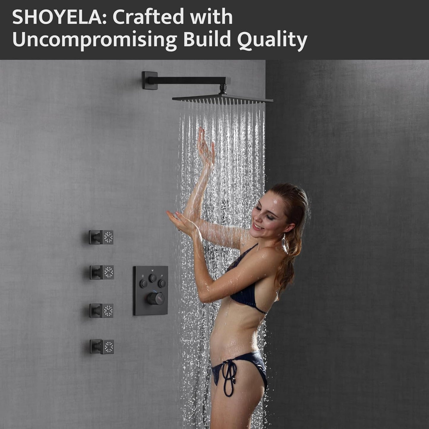 SHOYELA Thermostatic Shower System with 4PCS Dual Modes Body Jets Matte Black, Push Button Diverter Shower Fixtures with 2 in 1 Handheld, Wall Mount