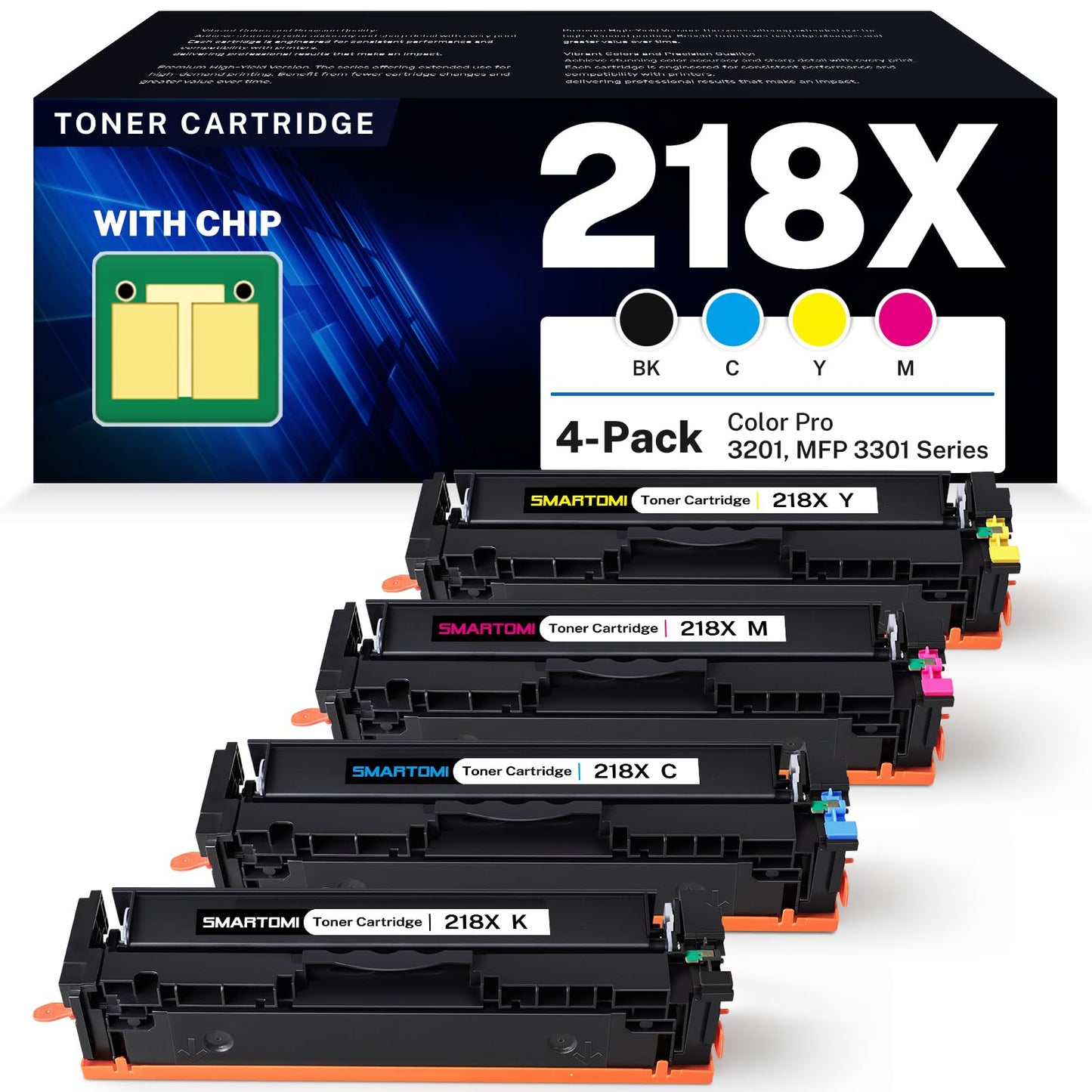 218X Toner Cartridges 4-Pack High Yield (with Chip) Compatible Replacement for HP Color Pro MFP 3301SDW 3301CDW 3301FDW 3201DW Printer 3301 3201 Series | W2180X W2181X W2182X W2183X