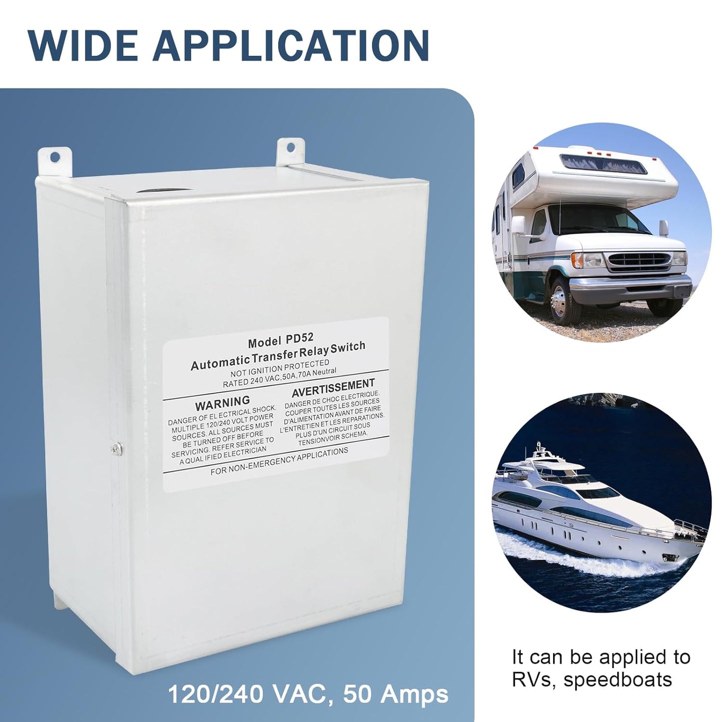 Nirakoka RV Automatic Transfer Switch, Rated 240VAC 50A 70A Neutral - Applied to RV, Speedboats, 120/240 Volt Power Sources