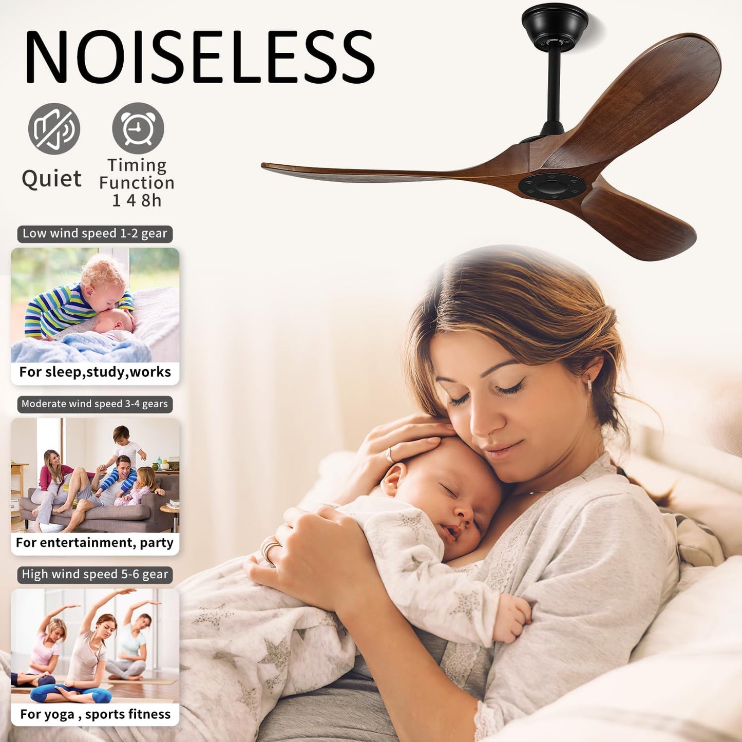 Outdoor Ceiling Fans Without Lights. 52 INCH, 3 Blades Wood Ceiling Fan with No Light by Remote Control Waterproof for Indoor Outdoor,Black Walnut