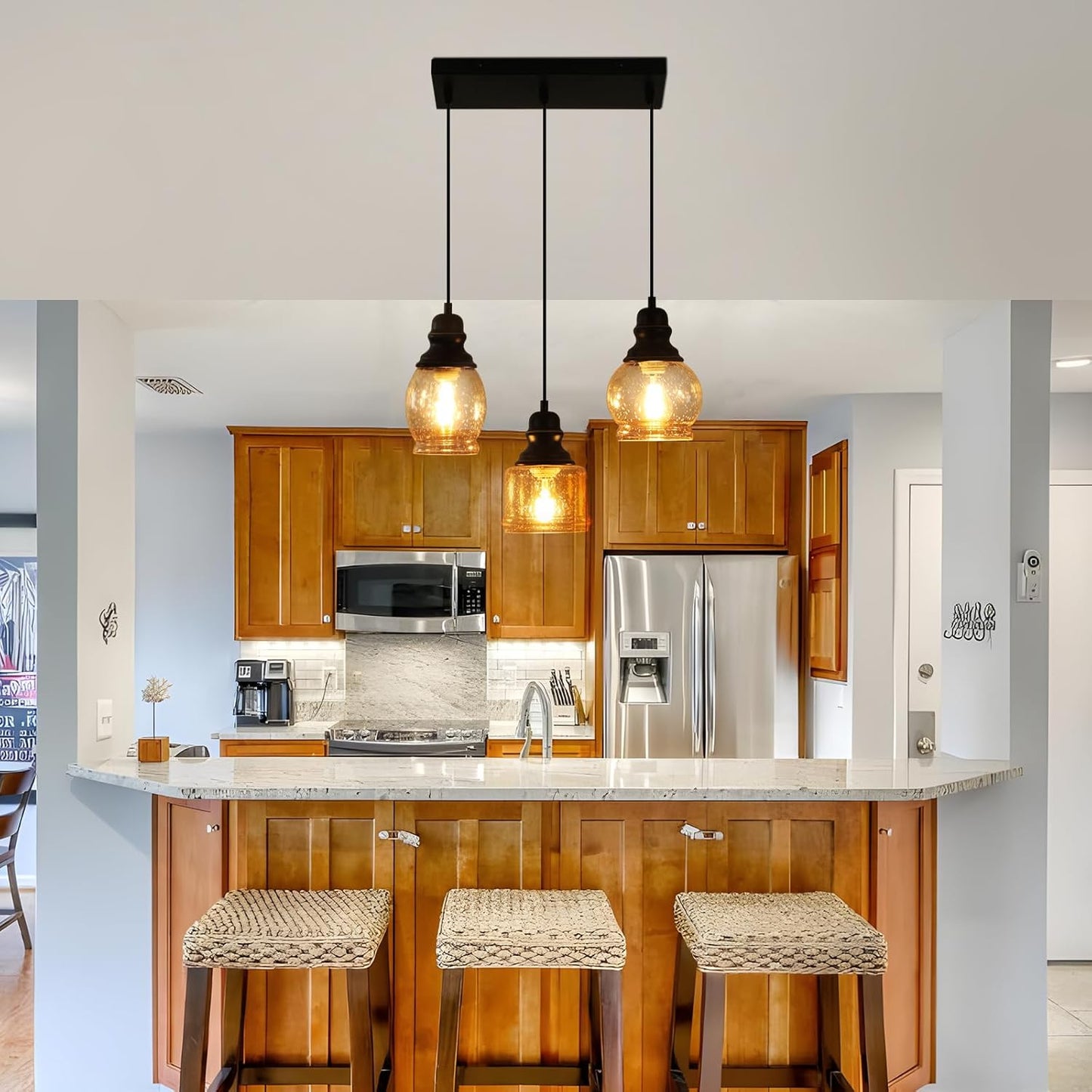 Industrial Pendant Lighting, Pendant Lights for Kitchen Island 3 Light Glass Pendant Light Fixture with Seeded Glass Shade, Adjustable Cord Farmhouse