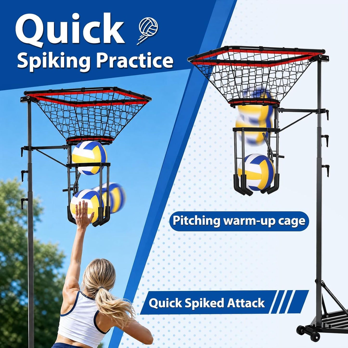 HVDI Volleyball Setter & Spike Trainer System, Heavy Duty Volleyball Training Aid Set – 88LB Sandbag Base with Dual Wheels for Easy Mobility, Adjustable Hitter & Receiver Combo System 93"
