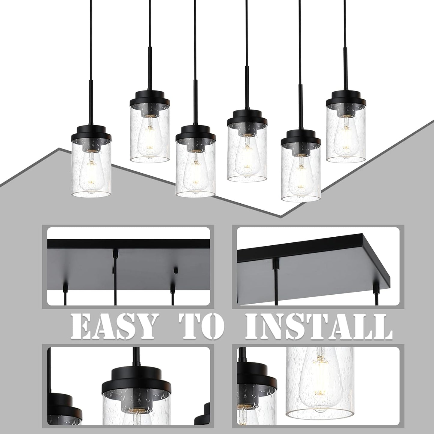 6 Lights Hanging Kitchen Island Lighting Black Linear Chandeliers for Dining Room, 30.5 Inches Large Pendant Light Fi