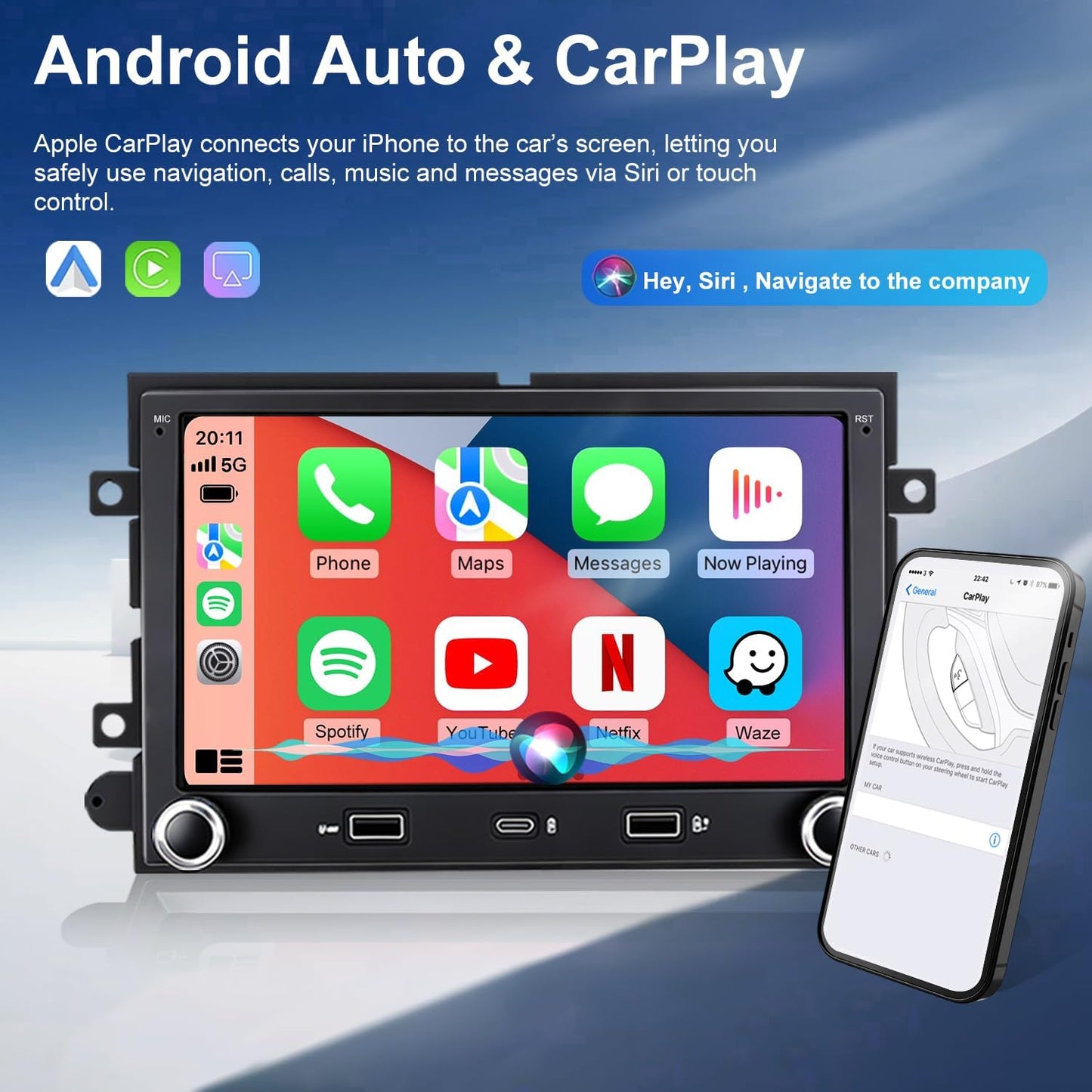 Car Radio for Ford F150 F-150 2004-2008, F250/F350 2006-2016, Mustang 2005-2009, E150/E250/E350 2009-2014, Expedition Explorer 7 Inch Touchscreen Stereo, Wireless CarPlay Android Auto GPS BT FM Camera