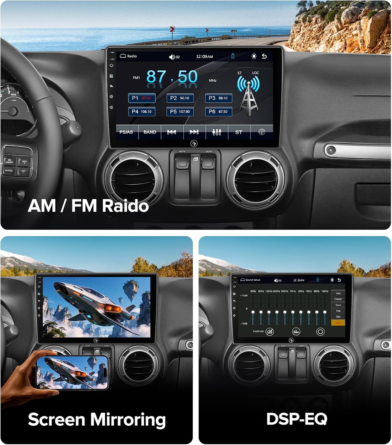 QLED Linux Car Stereo for Jeep Wrangler JK 2007-2018, Dodge Ram 1500 Radio 2009-2012 - Fast Boot Wireless CarPlay & Android Auto, AHD 1080P Backup Camera, Bluetooth, SWC, Dash Kit
