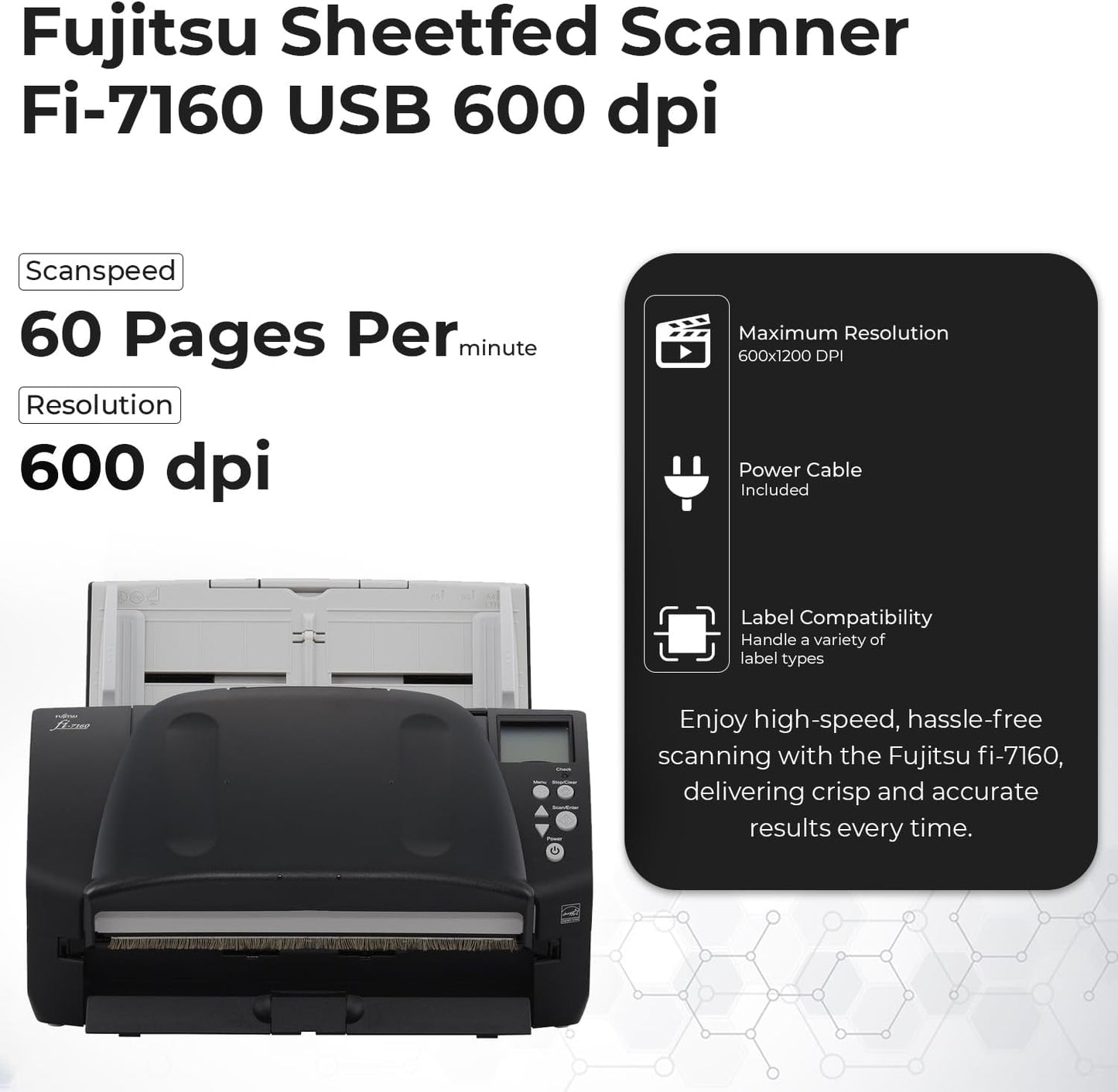 Refurbished Fi-7160 Scanners for Computers - 600 DPI Document Scanner, with 24V Power Cable & USB 3.0 Cable & Microfiber Cleaning Cloth