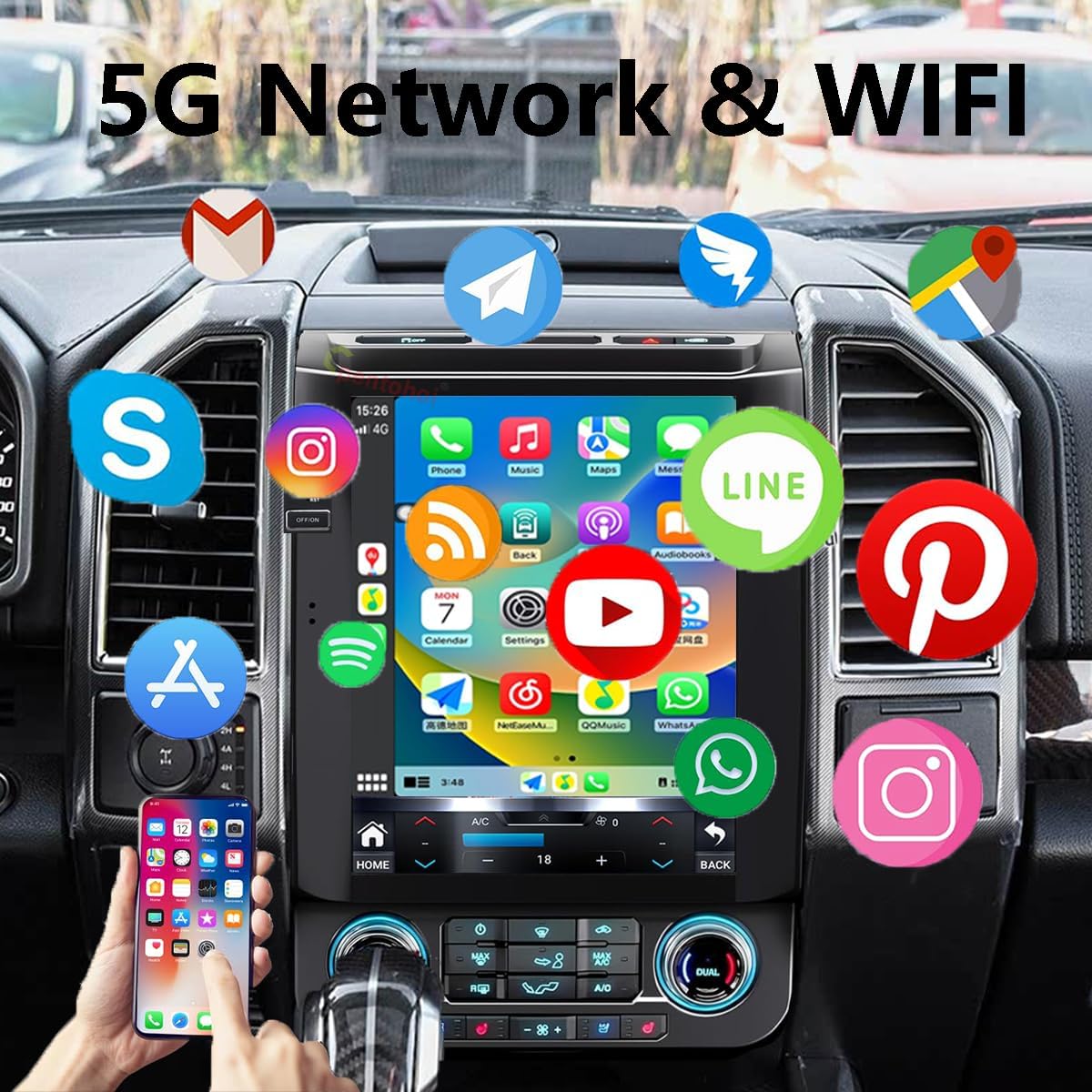 Upgrade Car Radio for Ford F150 2015-2021 Car Radio Android 14 Stereo Replacement 12.1 inch Touch Screen 8core CPU Tesla Vertical Screen Style with Wireless Carplay & Android Auto, DSP, 5G,WiFi 15-21 4GB+32GB