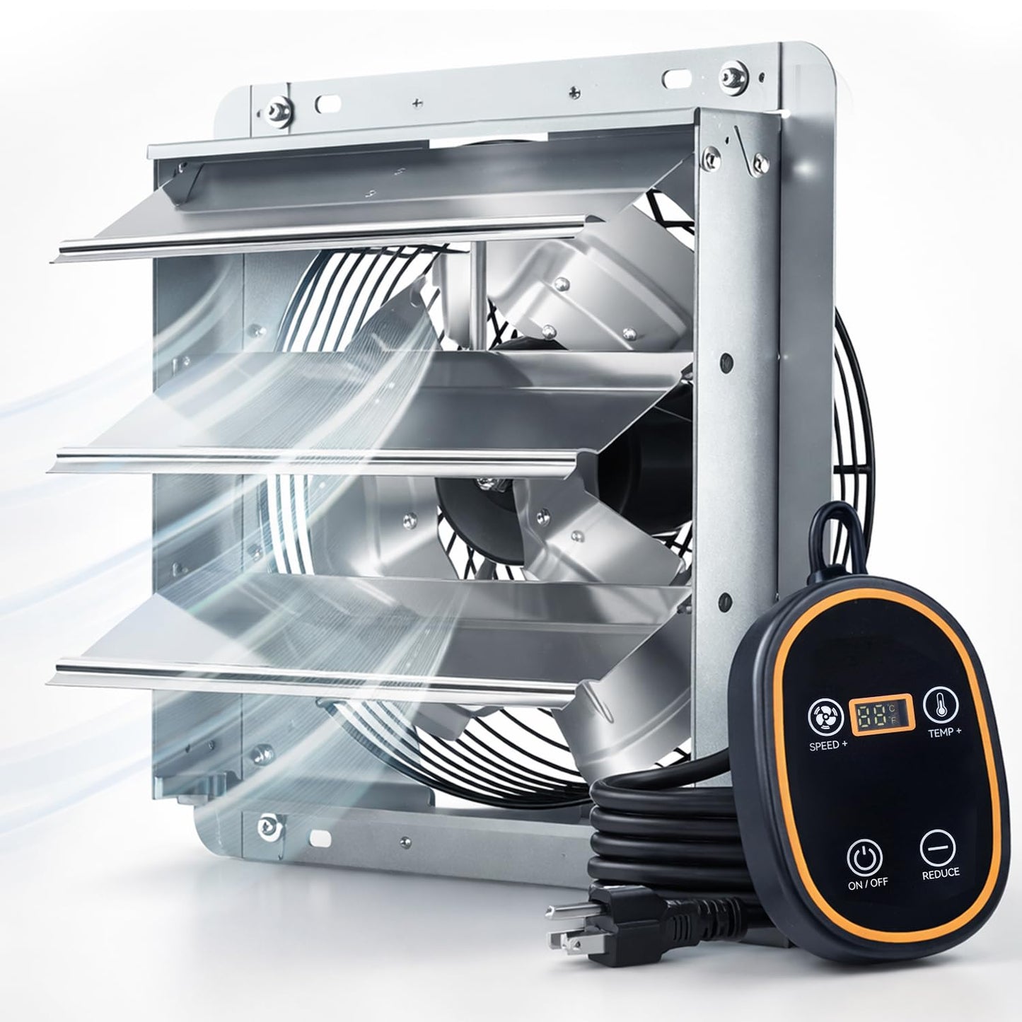 Amico 12" Smart Shutter Exhaust Fan with Thermostat & 8 Speed, 1282 CFM (Up to 1800 Sq.Ft), 25W Energy Saving Brushless DC Motor, Wall Mount Garage/Attic/Greenhouse Vent Fan, Plug & Play, FCC & ETL