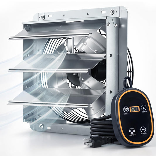 Amico 12" Smart Shutter Exhaust Fan with Thermostat & 8 Speed, 1282 CFM (Up to 1800 Sq.Ft), 25W Energy Saving Brushless DC Motor, Wall Mount Garage/Attic/Greenhouse Vent Fan, Plug & Play, FCC & ETL