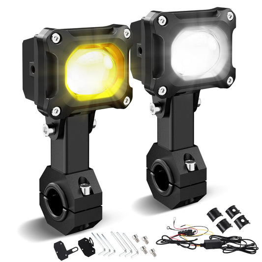 Upgraded Motorcycle LED Auxiliary Lights - Thickened Heavy Duty Bracket, Dual Color White/Amber Strobe Fog Light, DRL Driving Lamp Kit with Wiring Harness for ATV UTV Offroad
