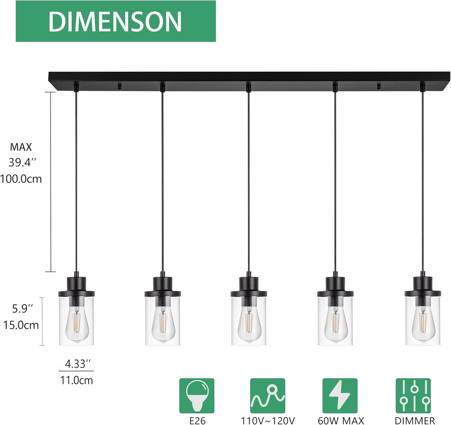 5-Light Pendant Lighting Fixtures with Clear Glass Shades, Farmhouse Flush Mount Industrial Black