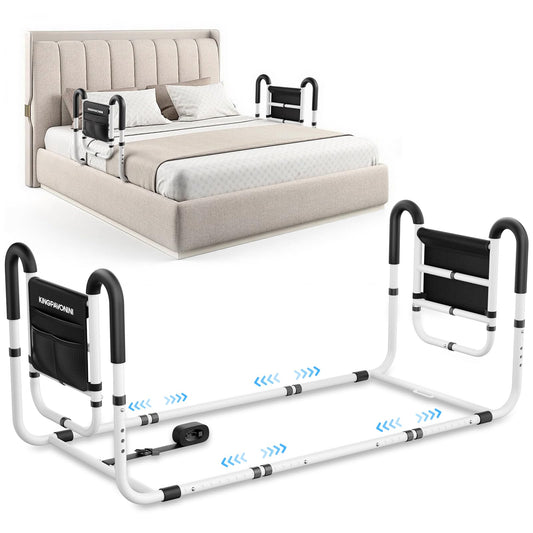 KingPavonini Dual Side Bed Rails for Elderly Adults Safety ASTM-Approved, 2026 Upgrade Ergonomic U-Handles & 4-Bar Anti-Tip Support, 350lb Bed Rails for Seniors with Storage Bag, No-Tools, Model BM10