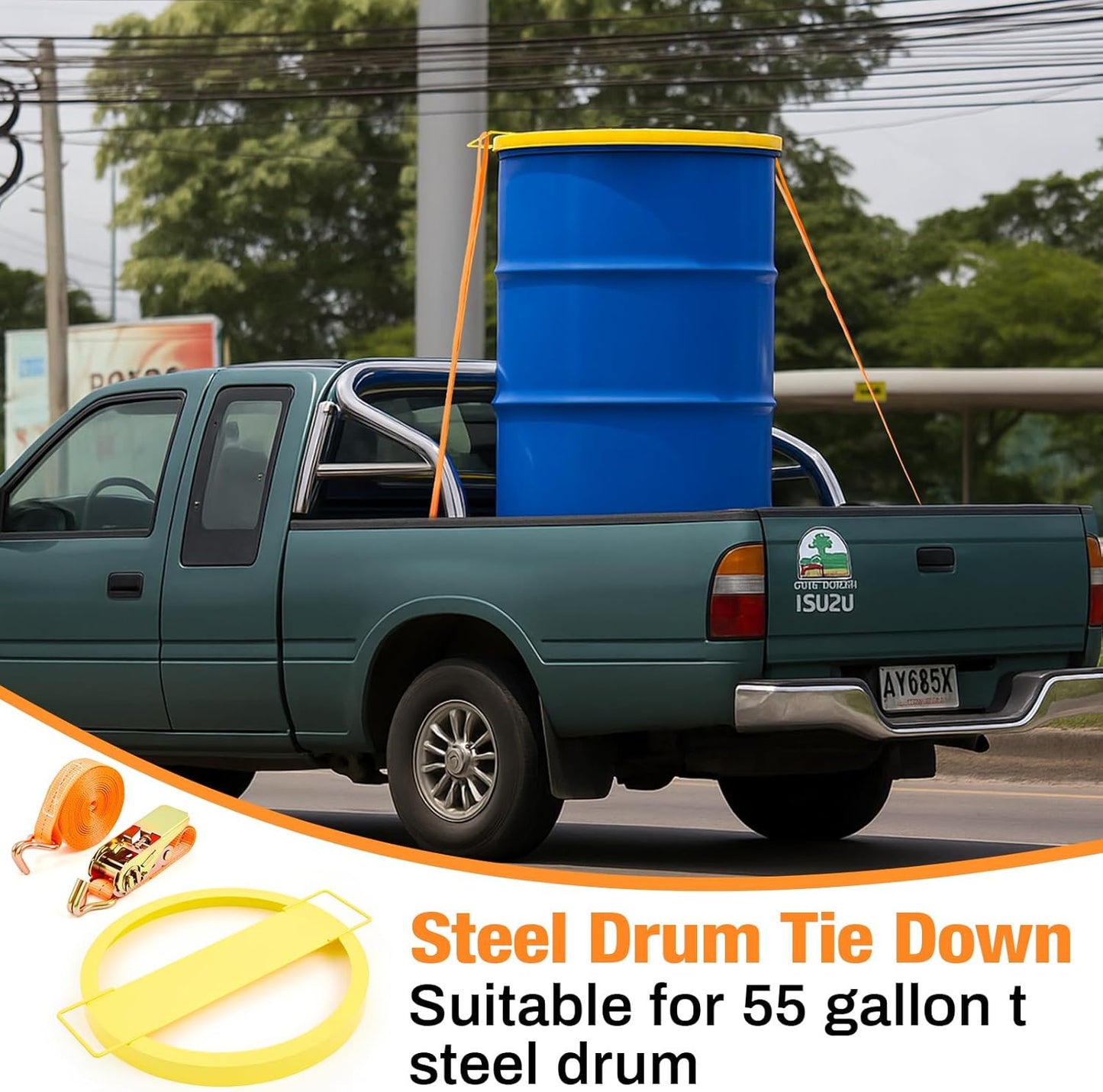 Steel Drum Tie Down for 55 Gallon Bucket 1 Steel Drum Securing Lid and 2 Pack Adjustable Ratchet Strap Transporting 55 Gallon Drums