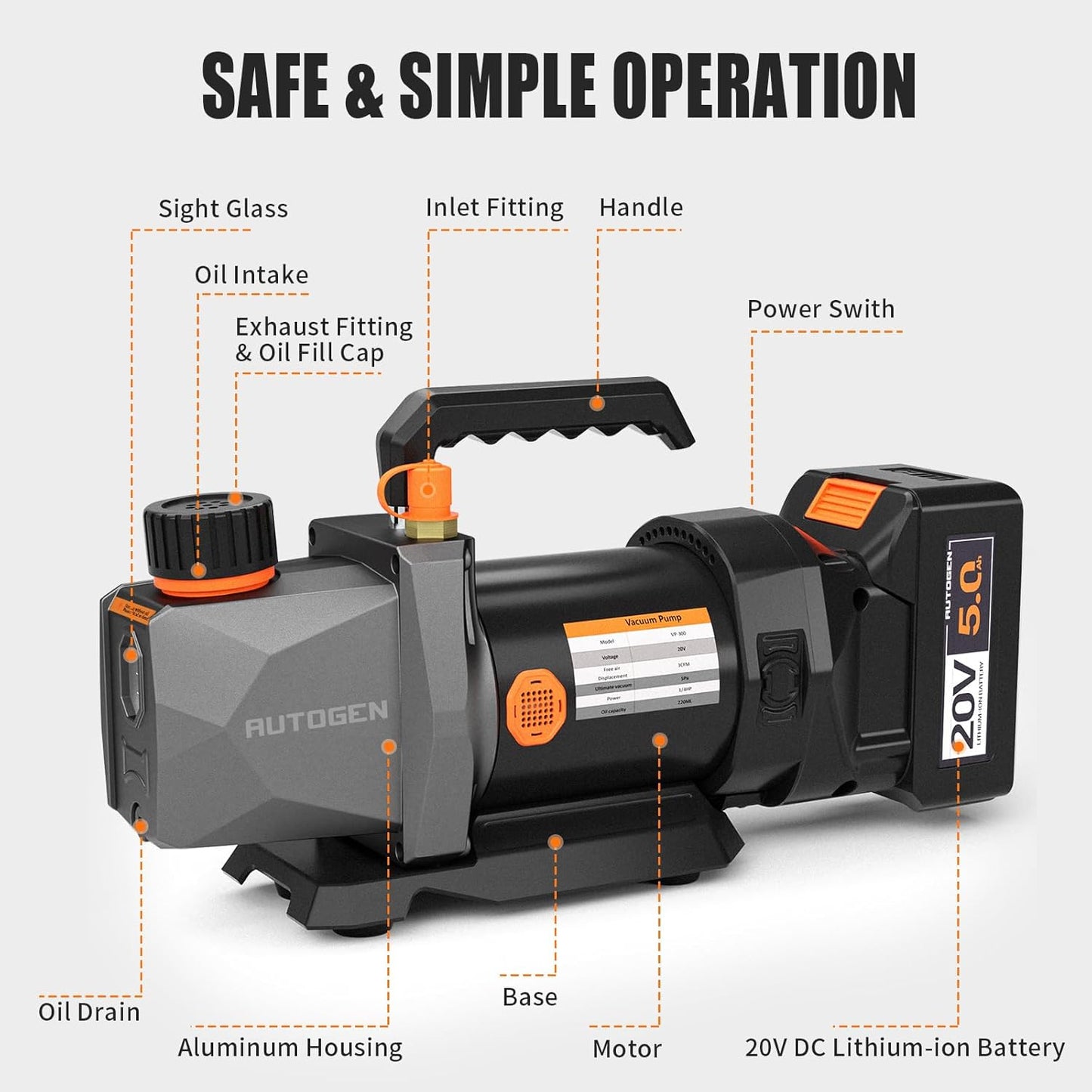 Single-Stage Vacuum Pump 3CFM 20V Lithium Battery DC Inverter 60 microns 1/4HP for Air Conditioner Refrigerant HVAC