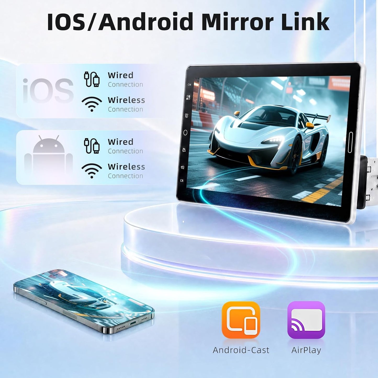 MAHVEC 10.1'' Single Din Car Stereo with Wire/Wireless CarPlay Android Auto | HD IPS Mipi Rotatable & Adjustable Touchscreen Radio with 5.2BT,FM/AM/RDS Radio,Mirror Link,SWC,USB Charging,Backup Camera