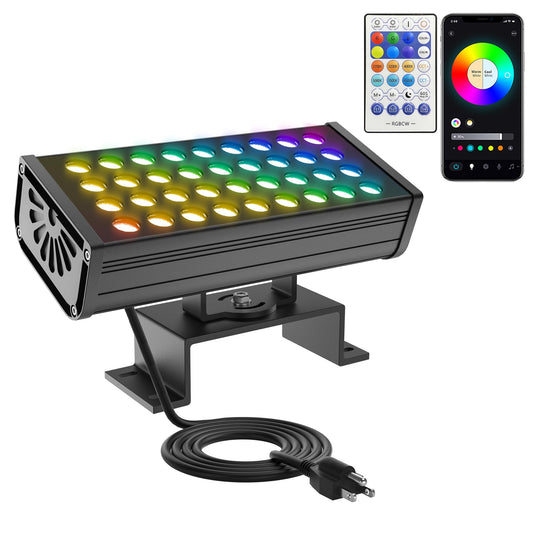 Smart RGBCW Outdoor LED Flood Light 180W –Color Changing Wall Washer, 2700K–6500K Tunable White Dimmable, RGB Stage Light, Music Sync Spotlight for Yard, Garden, Holiday Party Adjustable Color(RGB+2700-6500K) Flood Light
